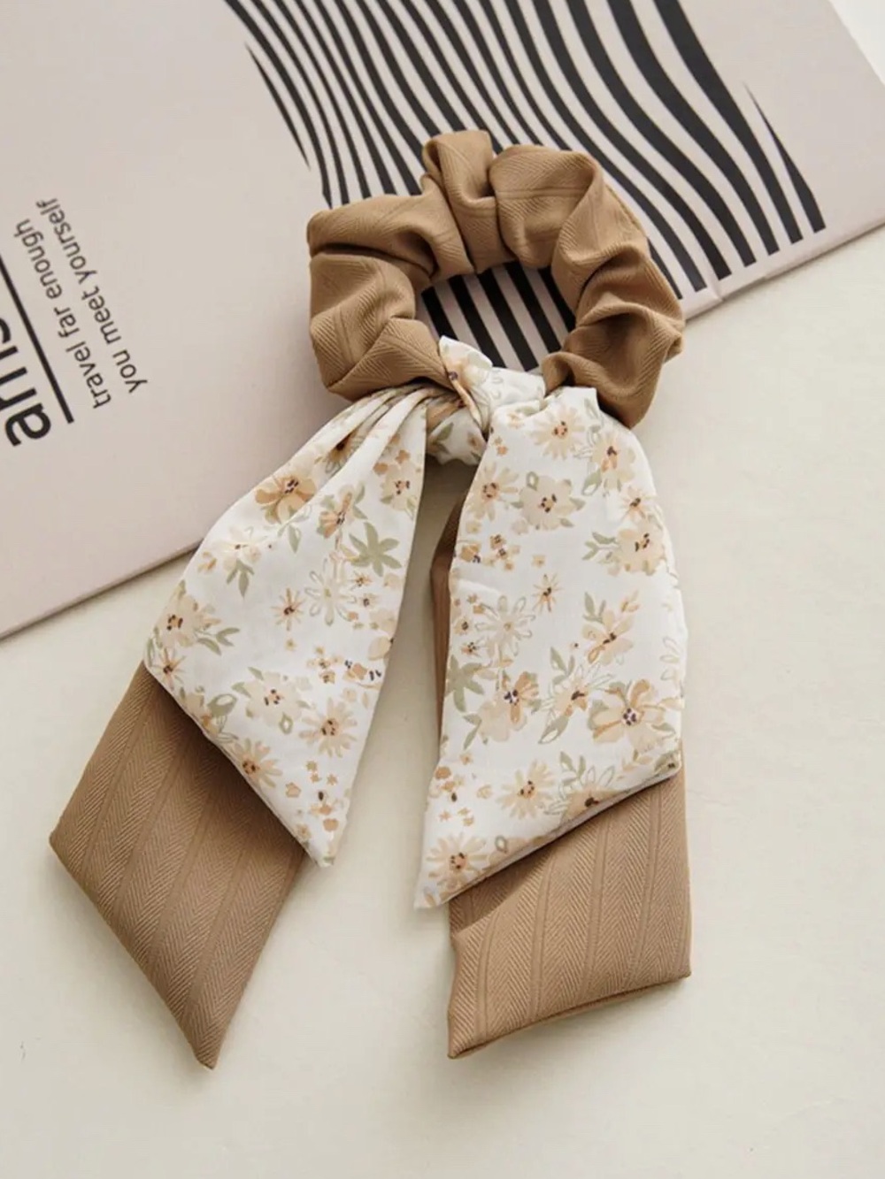 Beige Floral Scarf Scrunchie - Women's Hair Accessory